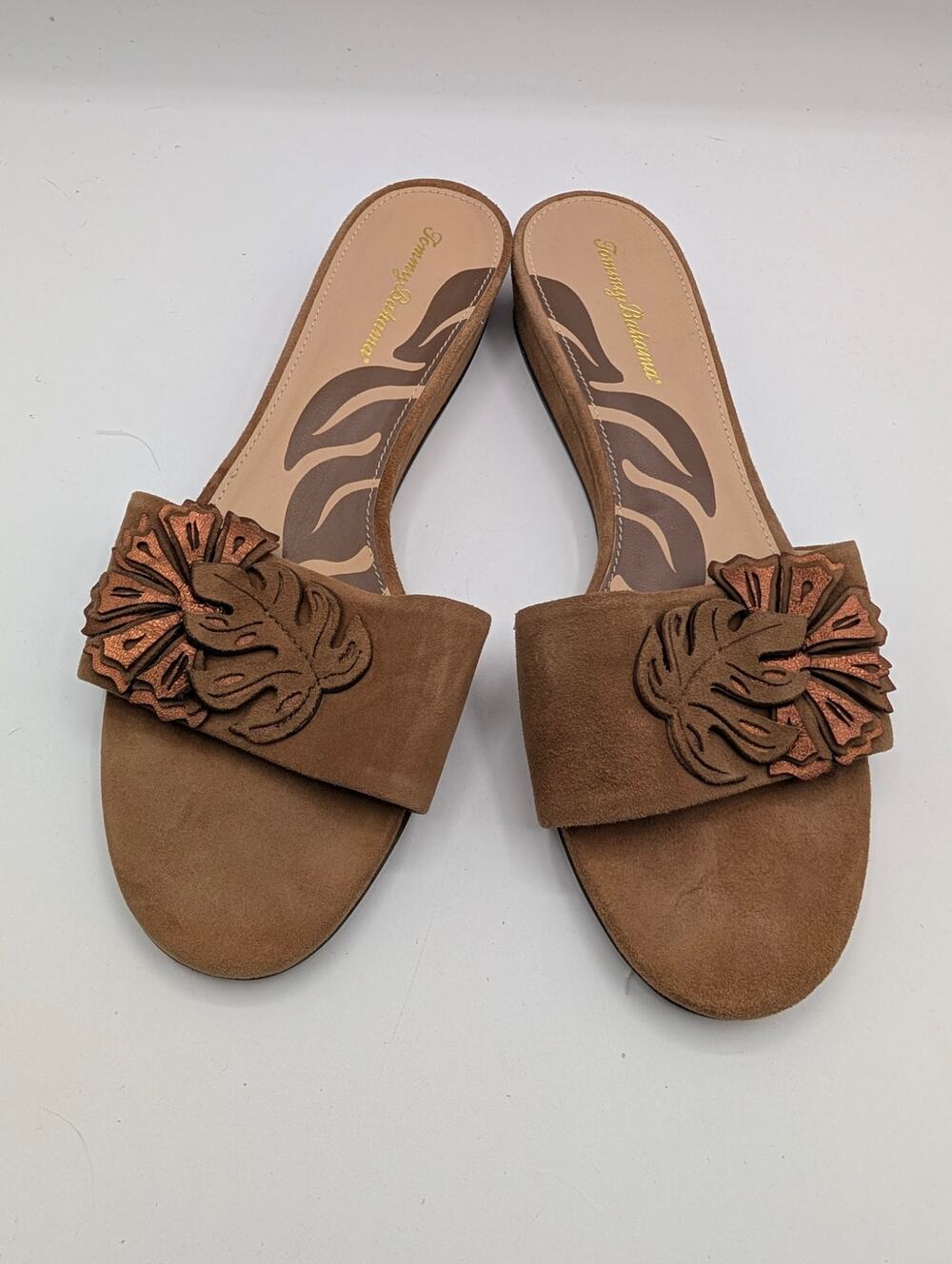 Tommy Bahama Plumeria Brown Leather Leaf Cutout Wedge Sandal Slides 8.5
